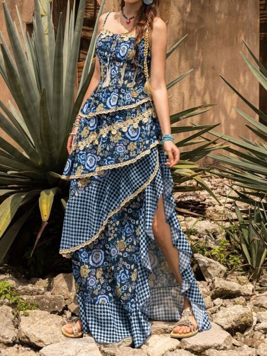 Dresses & Skirts - Blue Bohemian Casual Women's Elegant Chiffon Dress with Lace Tassel Tiered Hem